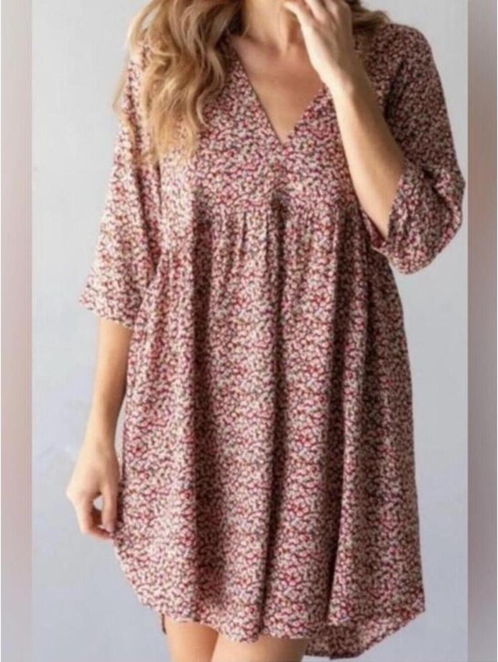 Natural Life Red Floral Babydoll Mini Dress Boho M Cottage